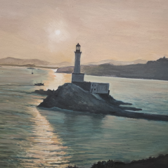 painting of a lighthouse at sunset